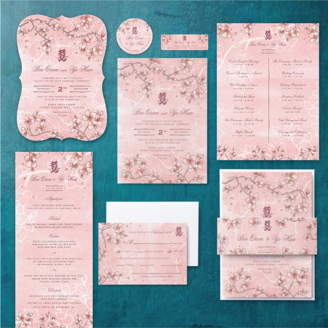 Programa de Bodas Chinas Xi Doble de Flores (ETERNAL LOVE PINK PEACH/PLUM BLOSSOMS ELEGANT FLORAL CHINESE WEDDING COLLECTION @ fatfatin_red_knot)