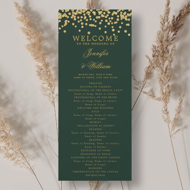 Programa de bodas clásicas Confetti Gold Emerald (Classic Wedding Program Confetti Gold Emerald)