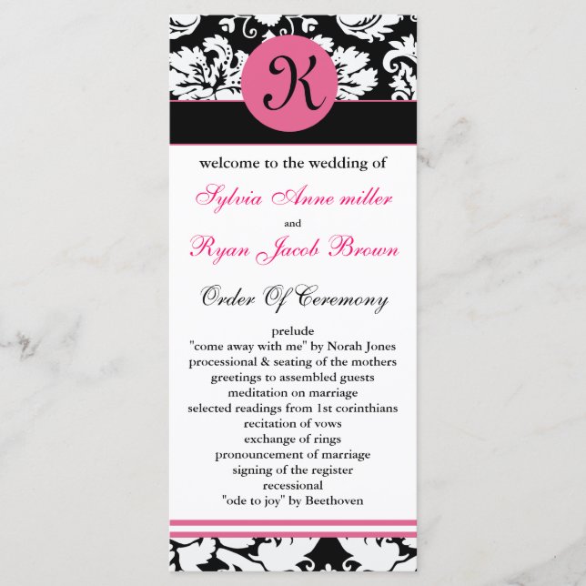 programa de bodas con damasco rosa monogramo (Anverso)