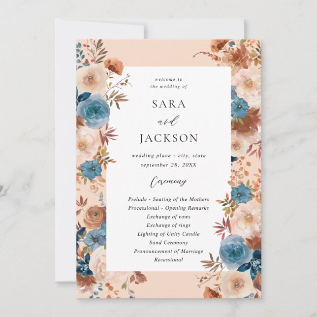 Programa de bodas con flores azules beige y polvo  (Anverso)