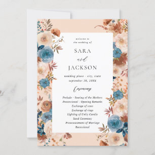 Programa de bodas con flores azules beige y polvo