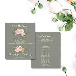 Programa de bodas con flores rosadas Sage Green y 