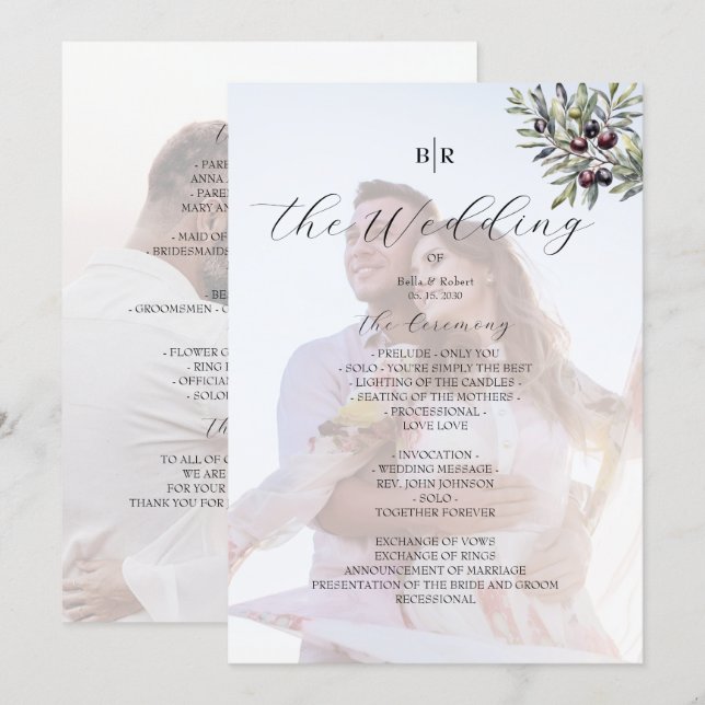 Programa de Bodas con Foto Monograma Oliva Marfil (Anverso / Reverso)