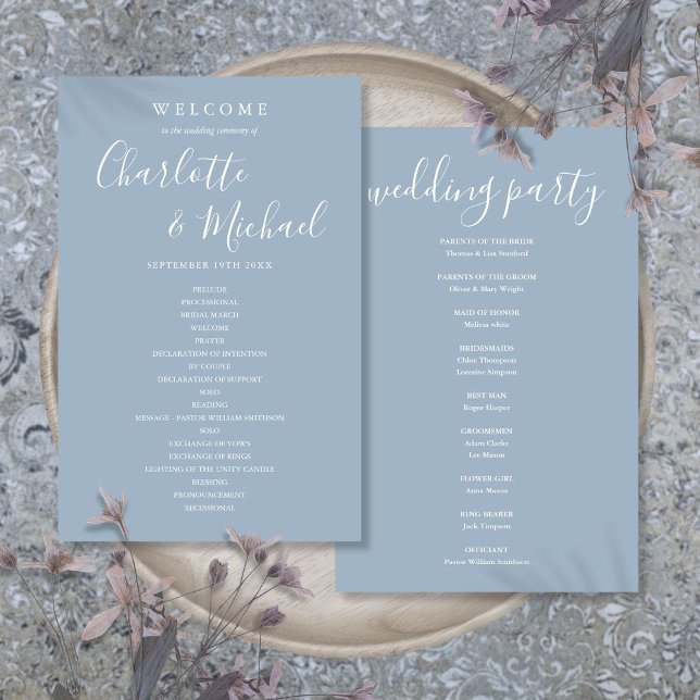 Programa de bodas con guiones de firma azul y turb (Dusty Blue Signature Script Wedding Program)