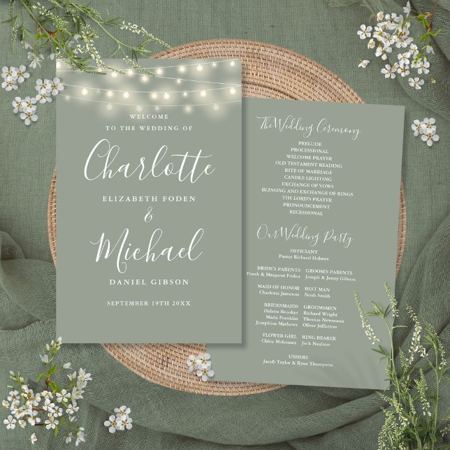Programa de Bodas con Luces de Cuerda Verde Salvia (Sage Green String Lights Wedding Program)