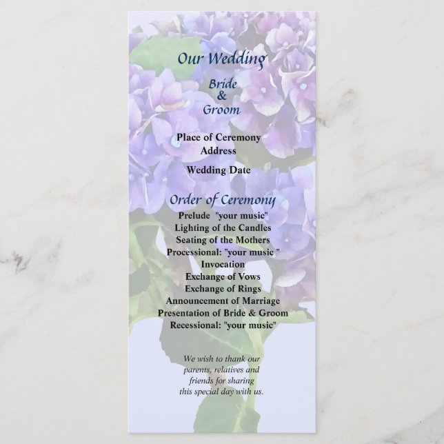 Programa de bodas Dainty Blue Hydrangea (Anverso)