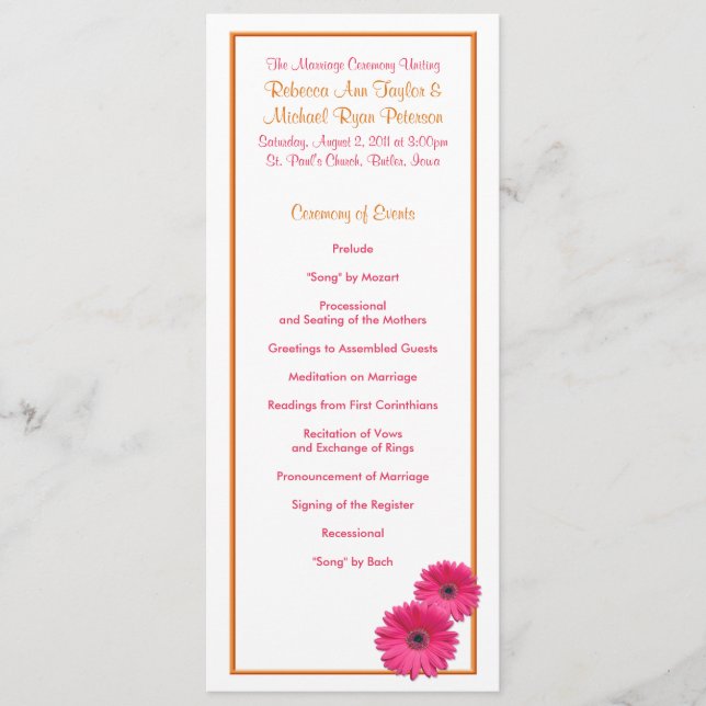 Programa de Bodas Daisy de naranja y Gerbera Rosa (Anverso)