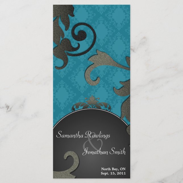 Programa de bodas - Damasco floral azul y negro (Anverso)