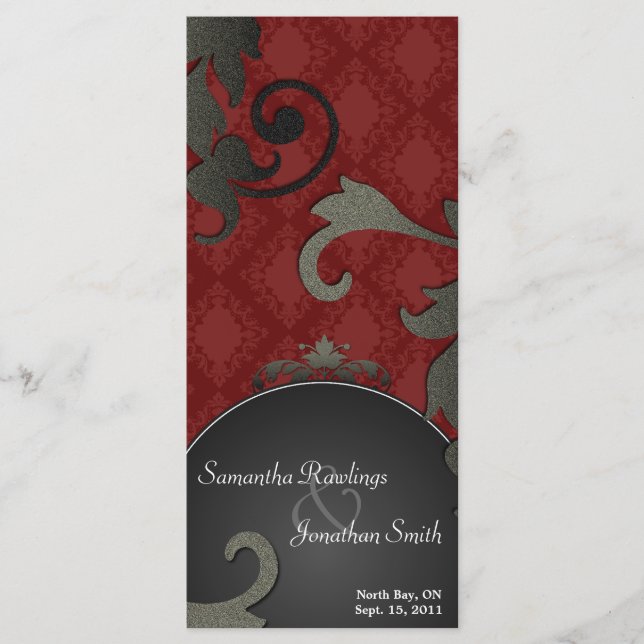 Programa de bodas - Damasco floral negro y rojo (Anverso)
