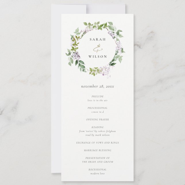 Programa de bodas de algodón con flores de lilac (Anverso)