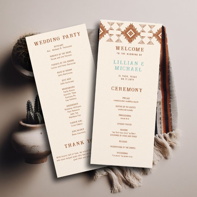 Programa de Bodas de Amor en el Desierto Occidenta (cowboy country western desert wedding program aztec pattern terracotta teal)