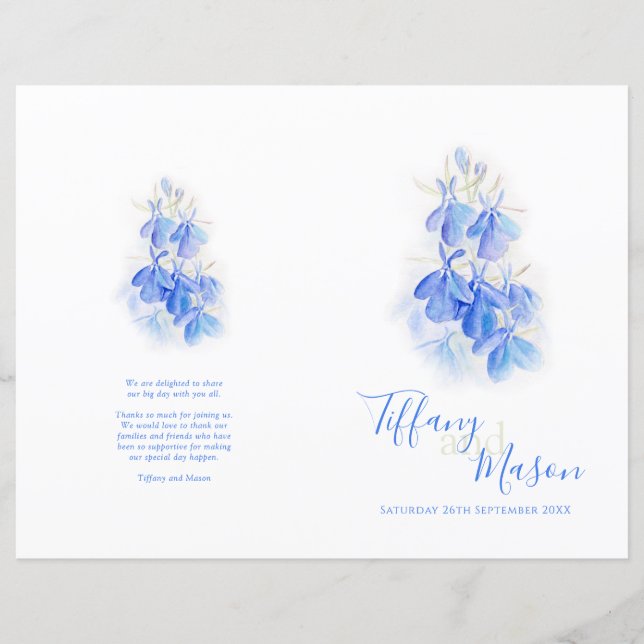 Programa de bodas de arte azul blanco y verde en L (Anverso)