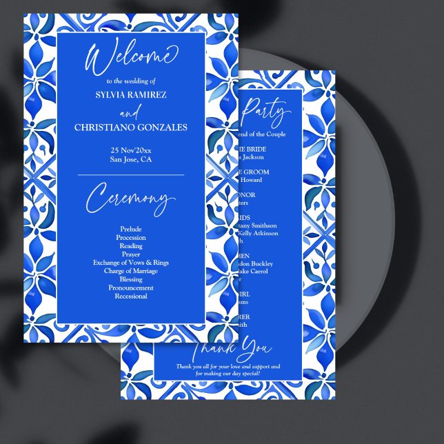 Programa de bodas de azulejos azules de Blue Talav (Blue Talavera Spanish tiles vintage Mexican wedding program personalized wedding stationery )
