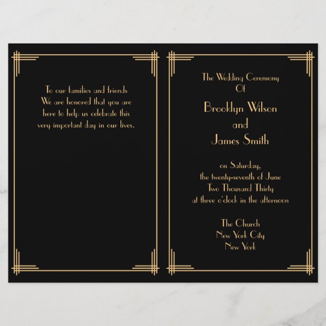 Programa de Bodas de Black Great Gatsby Art Deco (Anverso)