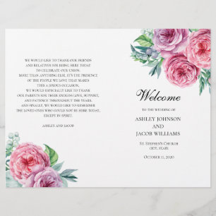 Programa de bodas de Boho doblado. Flores rosadas