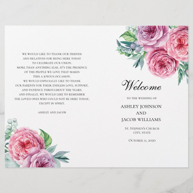 Programa de bodas de Boho doblado. Flores rosadas  (Anverso)