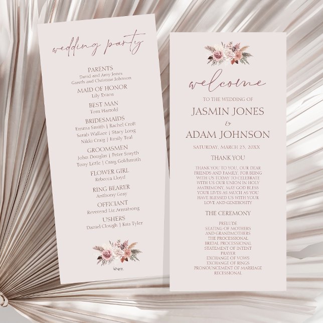 Programa de bodas de boho floral de Rubor Beige Pa (Boho Dusty Pink Dried Flowers Wedding Program)