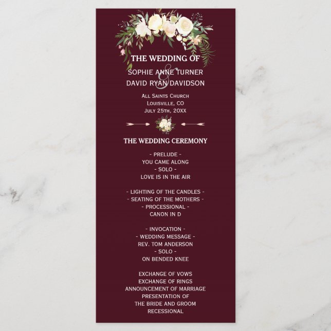 Programa de Bodas de Borgoña con Flores de Marfil (Anverso)