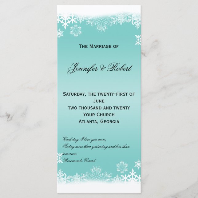 Programa de bodas de copos de nieve azul claro y b (Anverso)