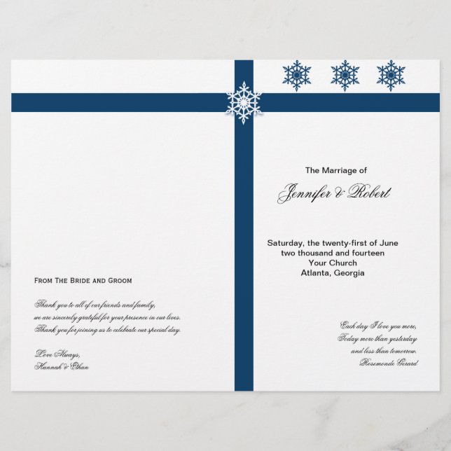 Programa de bodas de copos de nieve azules y blanc (Anverso)