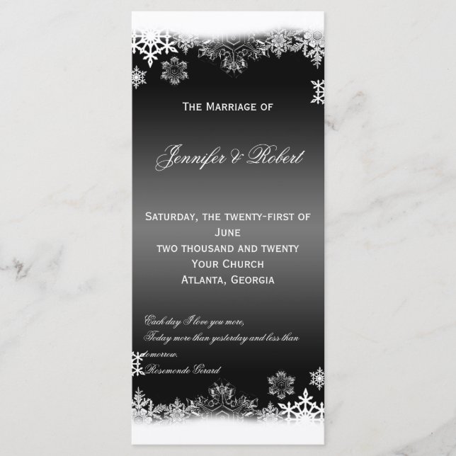 Programa de bodas de copos de nieve negros y blanc (Anverso)