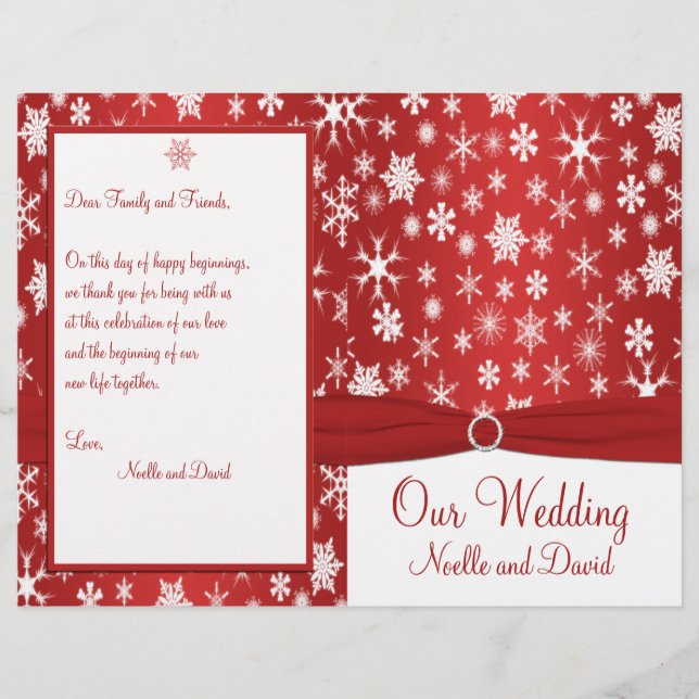 Programa de bodas de copos de nieve rojos y blanco (Anverso)