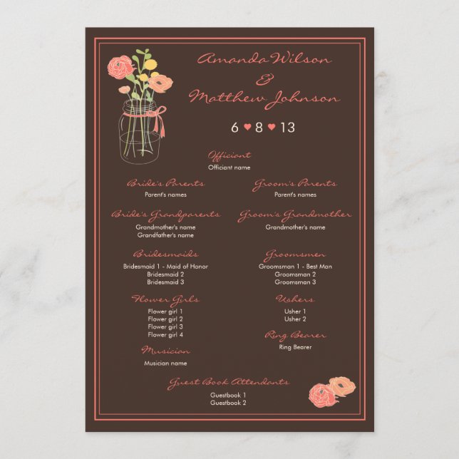 Programa de Bodas de Coral y Brown Mason Jar (Anverso)
