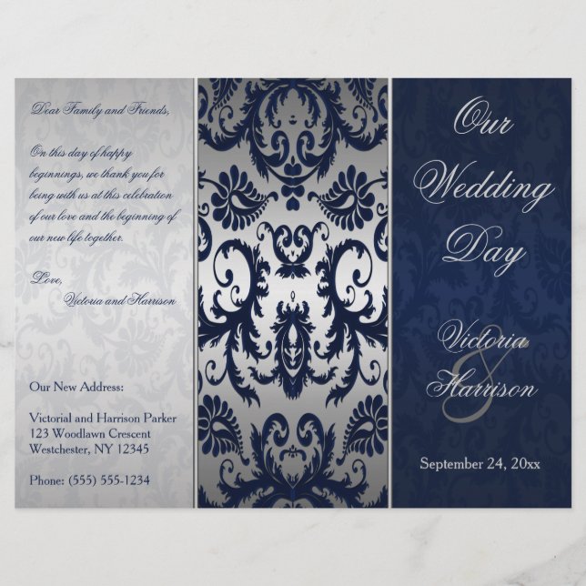 Programa de bodas de damasco azul de plata y marin (Anverso)