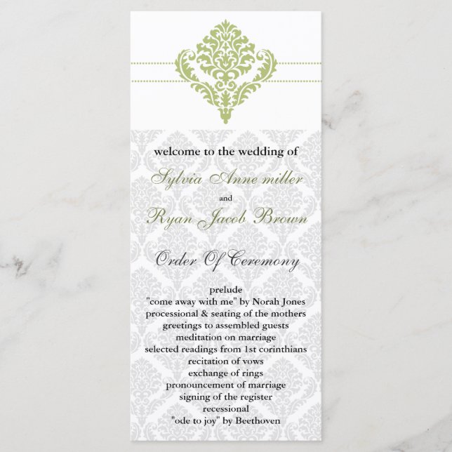 programa de bodas de damasco verde (Anverso)