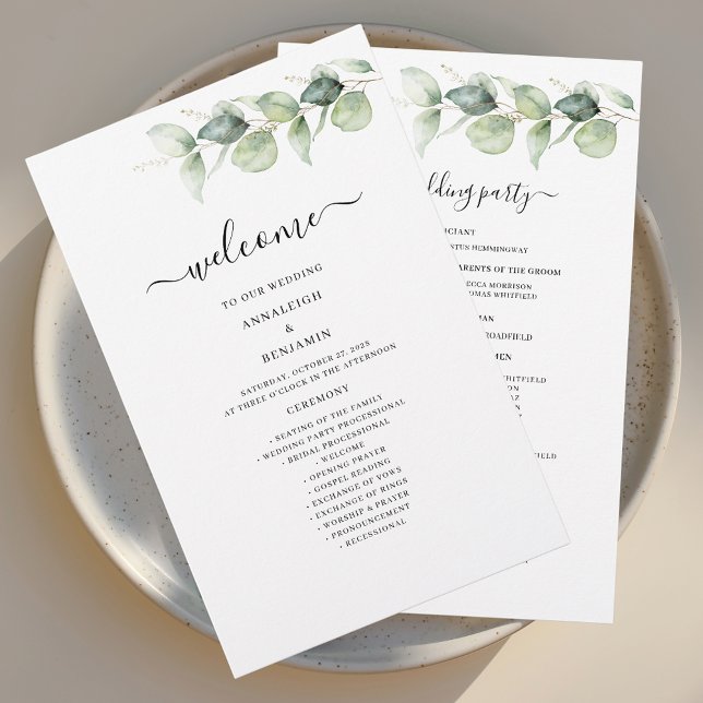Programa de bodas de eucalipto de vegetación botán (Eucalyptus Greenery Script Wedding Welcome Program Stationery)
