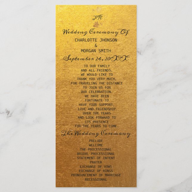 Programa de Bodas de Flores Kraft Dorado Negro (Anverso)
