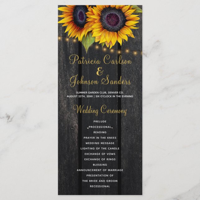 Programa de bodas de girasoles de madera de graner (Anverso)