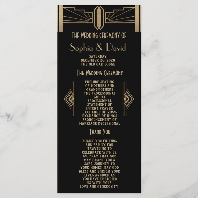 Programa de Bodas de Gran Gatsby Art Deco de Glam  (Anverso)