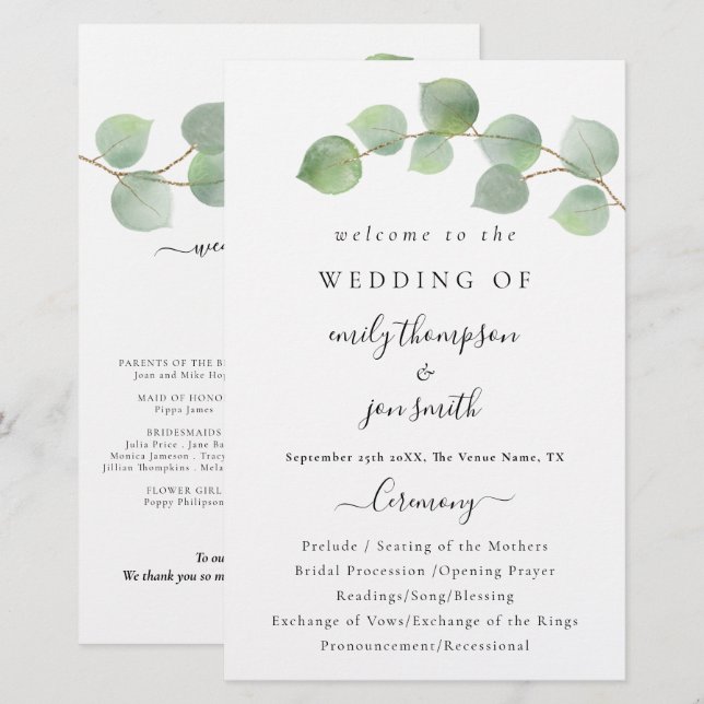 Programa de bodas de guiones de eucalipto moderno  (Anverso / Reverso)