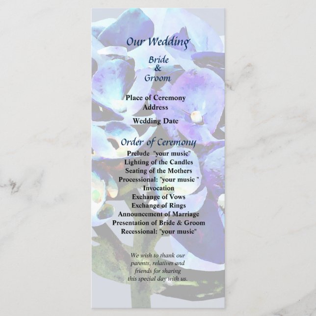 Programa de bodas de hidrangea azul pequeña (Anverso)