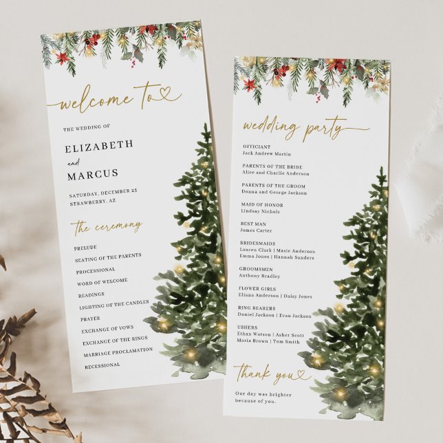 Programa de Bodas de Invierno de Luces de Pino de  (Christmas wedding program with watercolor pine tree and winter greenery, elegant holiday ceremony)