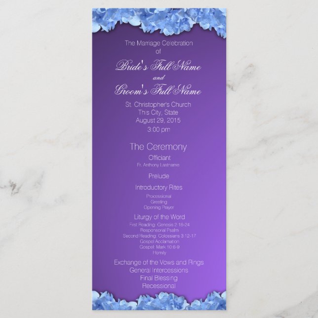 Programa de bodas de lavanda e hidrángulos azules (Anverso)