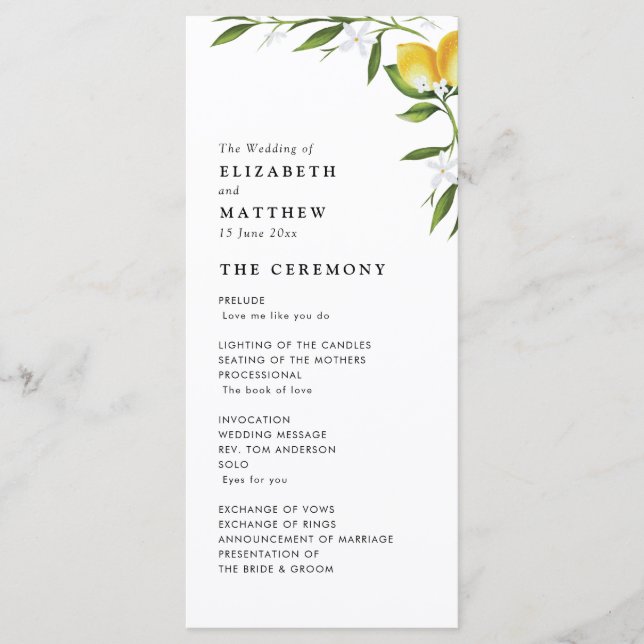 Programa de bodas de limón de color agua (Anverso)