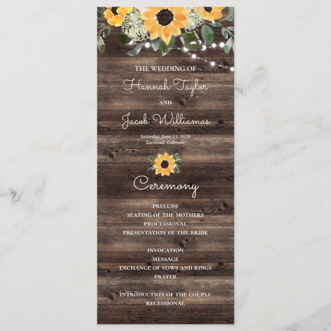Programa de Bodas de Madera de Eucalyptus Sunflowe (Anverso)