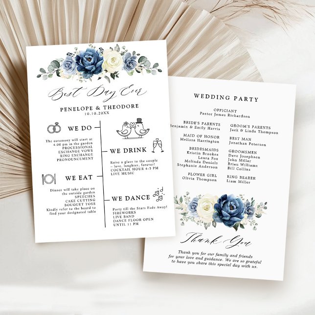 Programa de Bodas de Marfil de la Marina Azul Dust (Dusty Blue Navy Champagne Ivory Wedding Program card | Best day ever)