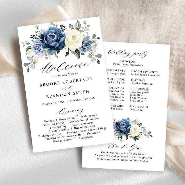 Programa de Bodas de Marfil de la Marina Azul Dust (Dusty Blue Navy Champagne Ivory Wedding Program card)