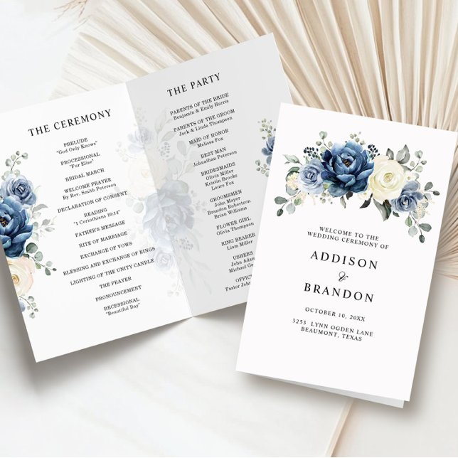Programa de Bodas de Marfil de la Marina Azul Dust (Dusty Blue Navy Champagne Ivory folded Wedding Program)