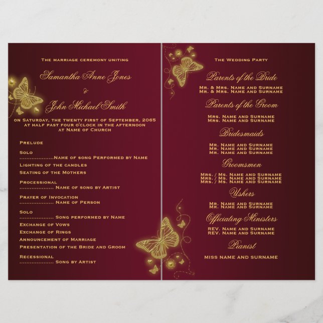 Programa de bodas de mariposa de oro de Borgoña (Anverso)