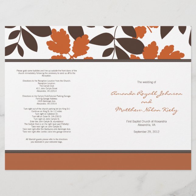 Programa de Bodas de Otoño naranja y Marrón (Anverso)