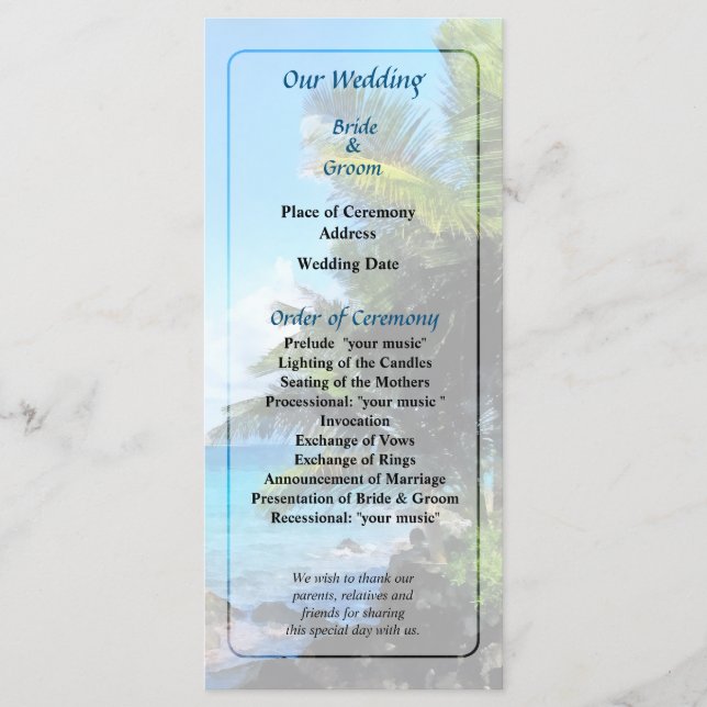 Programa de bodas de palmeras y playa de Santo Tom (Anverso)