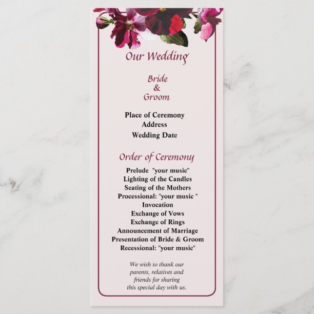Programa de Bodas de Pansies Rosa y Magenta (Anverso)