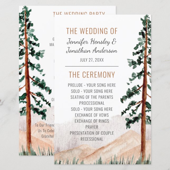 Programa de bodas de pinos de montañas rusticas (Anverso / Reverso)