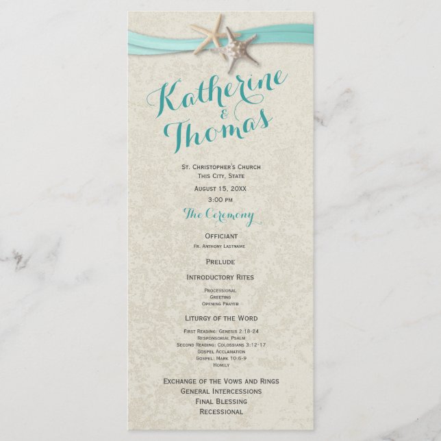 Programa de Bodas de Playa Aqua Starfish y Ribbon (Anverso)