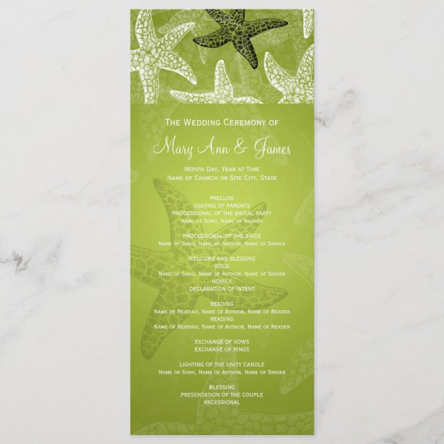 Programa de bodas de playa Starfish Lime Green (Anverso)