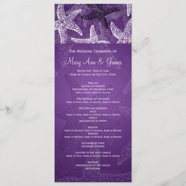 Programa de bodas de playa Starfish Purple (Anverso)